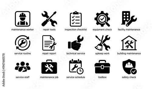 Icons for maintenance and repair services with tools and equipment