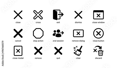 User interface icons for close, exit, and action commands