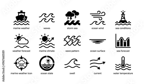 Marine weather icons: waves, storms, ocean conditions, wind, temperature
