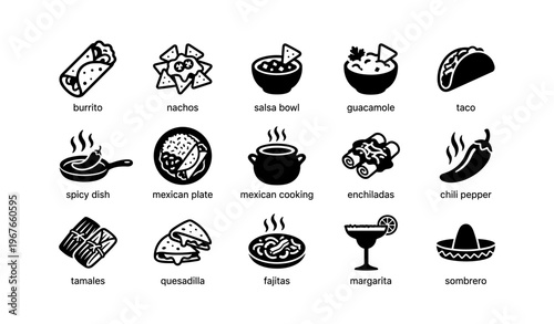 Mexican cuisine icons featuring tacos, nachos, salsa, and more traditional dishes