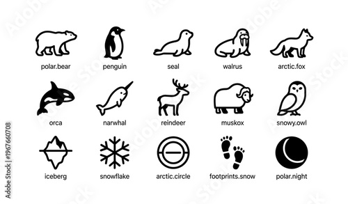 Arctic and antarctic animals icons: polar bear, penguin, seal, walrus, and more