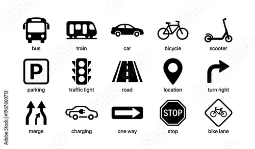 Transportation and road icon set: bus, train, car, bicycle, scooter, traffic light, road signs