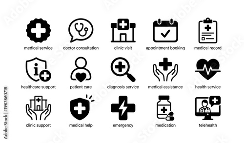 Medical service icons for healthcare support and diagnosis assistance