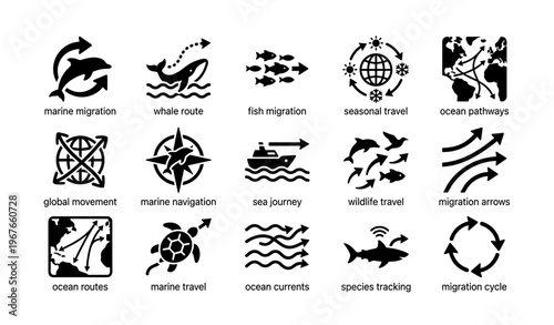 Marine migration icons set illustrating global fish travel and ocean pathways