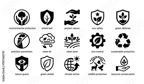 Environmental and nature protection icons: sustainability and conservation symbols