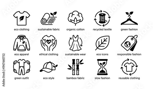 Eco-friendly clothing and accessories icons featuring sustainable fabrics and green fashion concepts