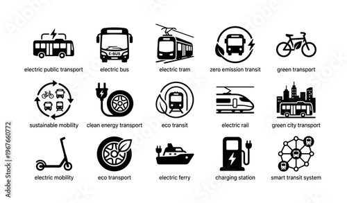 Eco-friendly urban transport icons: electric buses, trains, bikes, and more in black and white