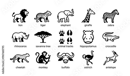 Silhouette icons of african safari animals: elephant, giraffe, lion, zebra, monkey