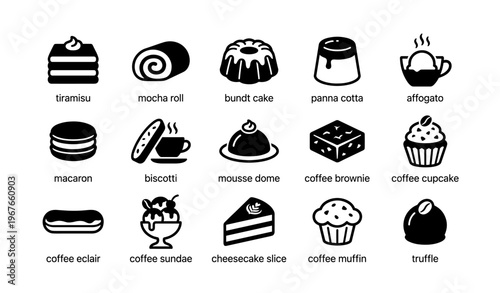 Assorted desserts icons including tiramisu affogato cheesecake and muffin