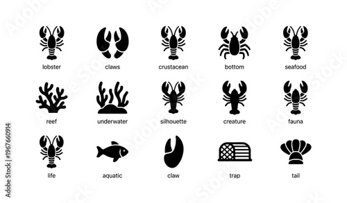 Lobster icons and marine life illustrations in black silhouettes