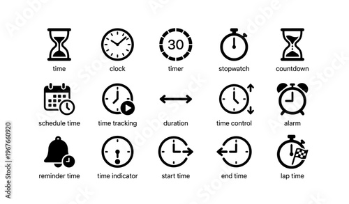 Timekeeping icons: clocks, timers, and countdown symbols for schedule management