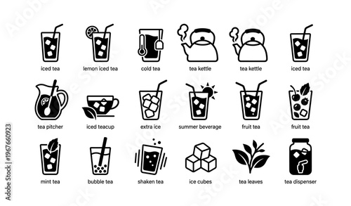 Varieties of refreshing tea: iced, mint, bubble, and fruit beverages icon set