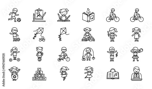 Children activity outline icons set kids playing learning hobby line vector collection isolated on white background