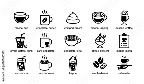 Coffee drink icons: mocha, latte, frappe, and desserts with menu elements