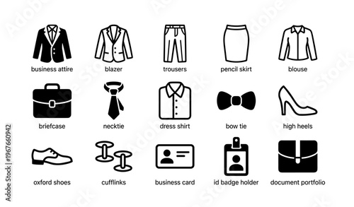 Business attire icons set: clothing and accessories for professional settings