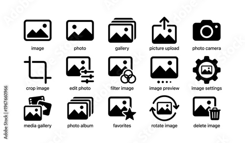 Various image editing and gallery icons in black and white set