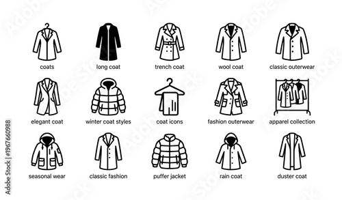 Various coat styles - trench, long, wool, elegant, winter, classic, puffer, rain, duster