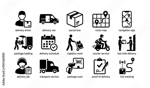 Delivery icons set: driver, van, parcel, map, logistics, service