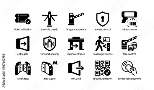 Public transportation icons featuring security, access control, and ticket validation symbols
