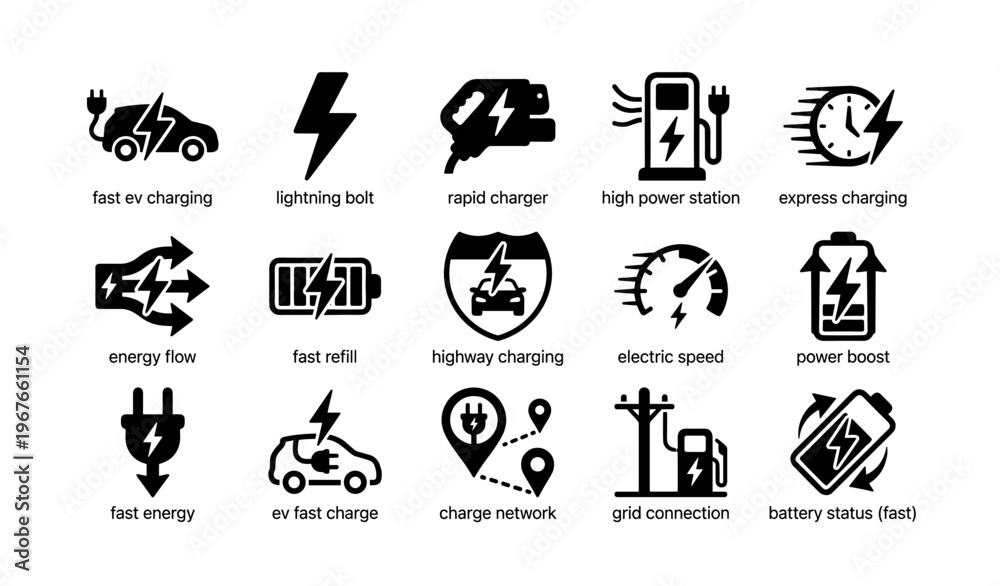 Fototapeta premium Electric vehicle charging icons: fast, energy, power, network, connection