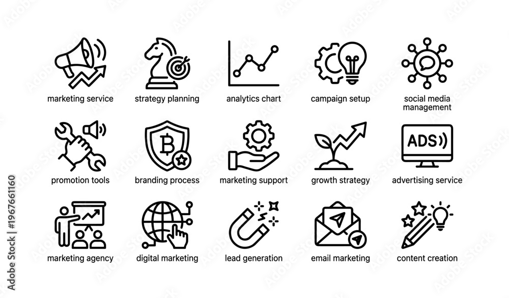 Fototapeta premium Icons representing marketing and strategy tools for branding and digital growth