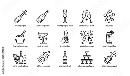 Icons of champagne toasts and celebrations with diverse glass designs
