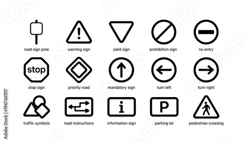 Set of 16 road sign icons including stop yield and pedestrian crossing