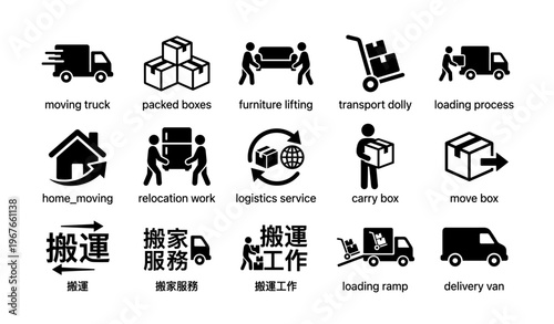 Moving icons collection: truck, boxes, furniture lifting, and logistics services