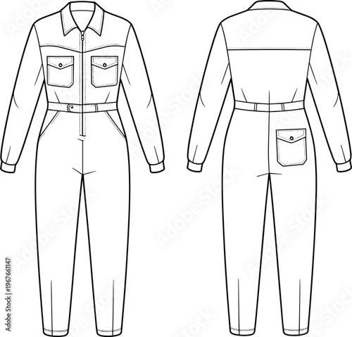 Flat vector jumpsuit template front back long sleeve utility apparel design