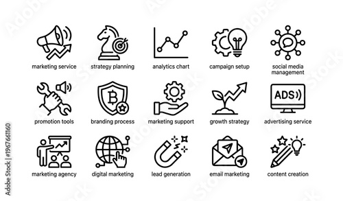 Icons representing marketing and strategy tools for branding and digital growth