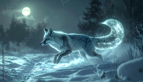 Mystical Arctic Fox with Glowing Tail in Snowy Moonlight Forest.
