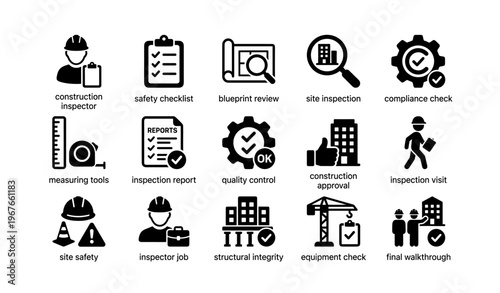 Construction icon set: inspector, safety, inspection, blueprint, approval