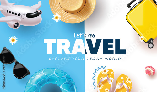 Let's Go Travel Summer Vacation Vector Banner with Airplane Summer Hat and Suitcase