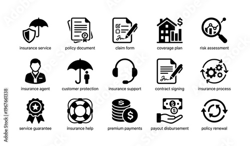 Insurance services and processes icon set featuring coverage and support elements
