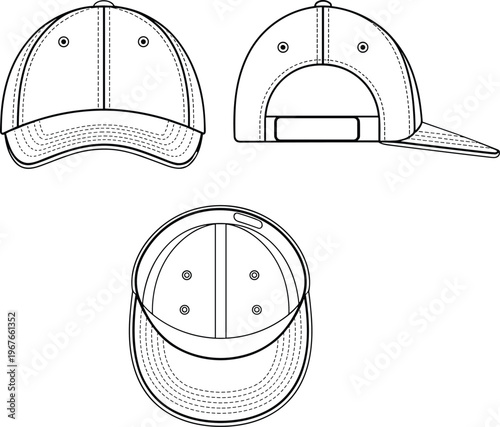 Flat vector baseball cap template front back side top view design