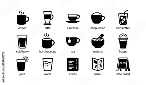 Variety of coffee and beverage icons featuring latte and espresso