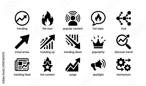 Set of 16 trending and viral icons including arrows and crown symbol