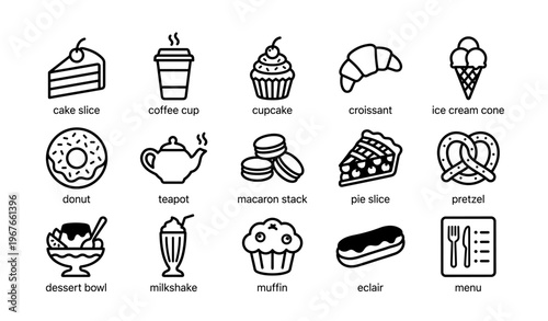 Icon set: cake, coffee, cupcake, croissant, donut, macaron, pie, muffin, eclair