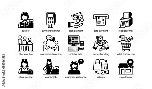 Retail icons: payment, cashier, checkout, customer service, point of sale