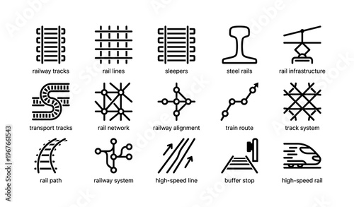 Railway system icons set featuring tracks and high-speed rail elements