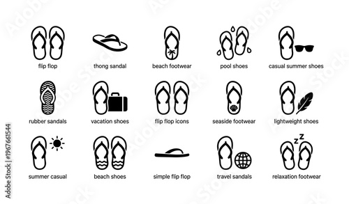 Variety of beach footwear icons including flip flops and sandals for summer and travel