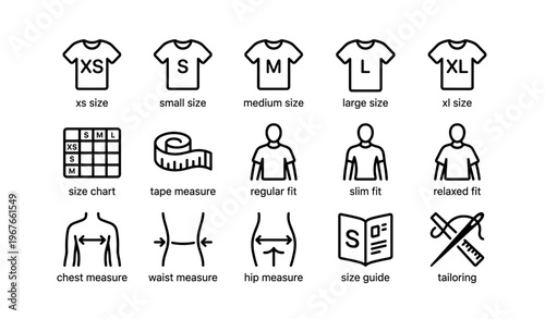 Clothing size guide with icons for fit and measurement
