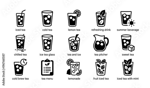 Variety of iced tea icons featuring glasses and pitcher with lemon and mint