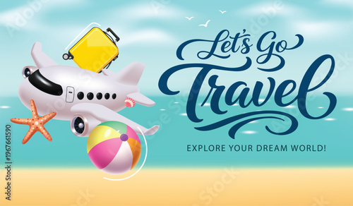 Let's Go Travel Summer Vacation Vector Banner with Airplane Suitcase and Beach Ball