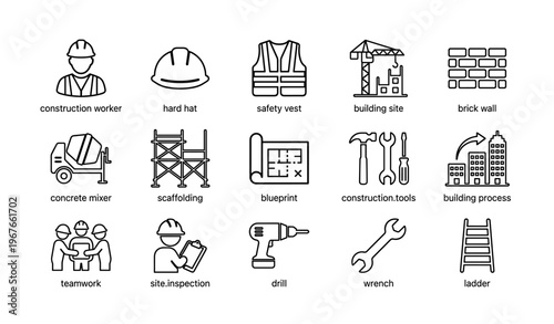 Construction icons set depicting workers, tools, and building processes