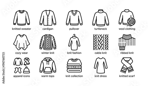 Knitted sweater icons collection featuring cardigan pullover turtleneck and winter warm tops