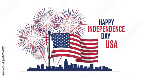 Happy Independence Day USA with fireworks and American flag over city skyline