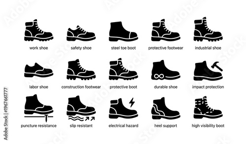 Various types of safety footwear icons for industrial and construction use