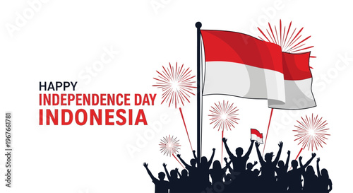 Happy Indonesian Independence Day illustration with national flag and cheering crowd