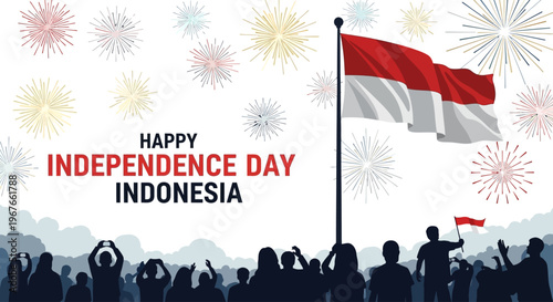 Happy Independence Day Indonesia with Fireworks and Flag